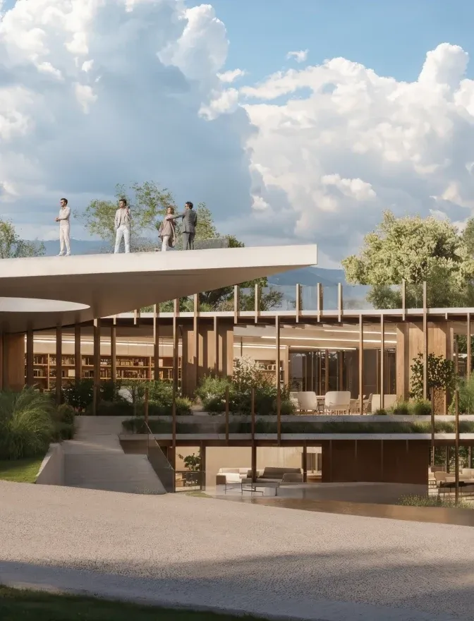 The Mira Verde clubhouse with residents on its roof terrace