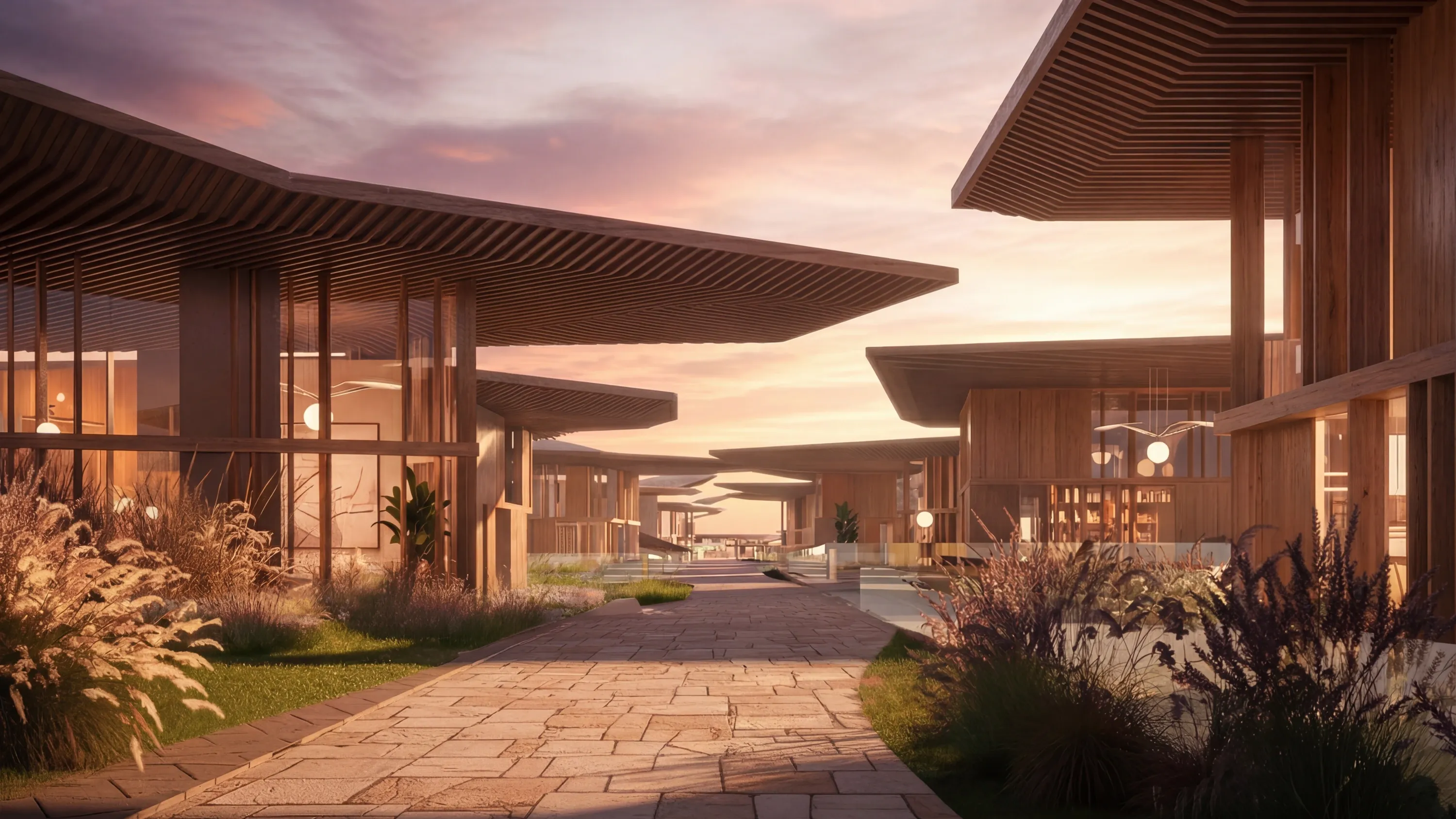 A paved courtyard between timber-clad Mira Verde residences at sunset