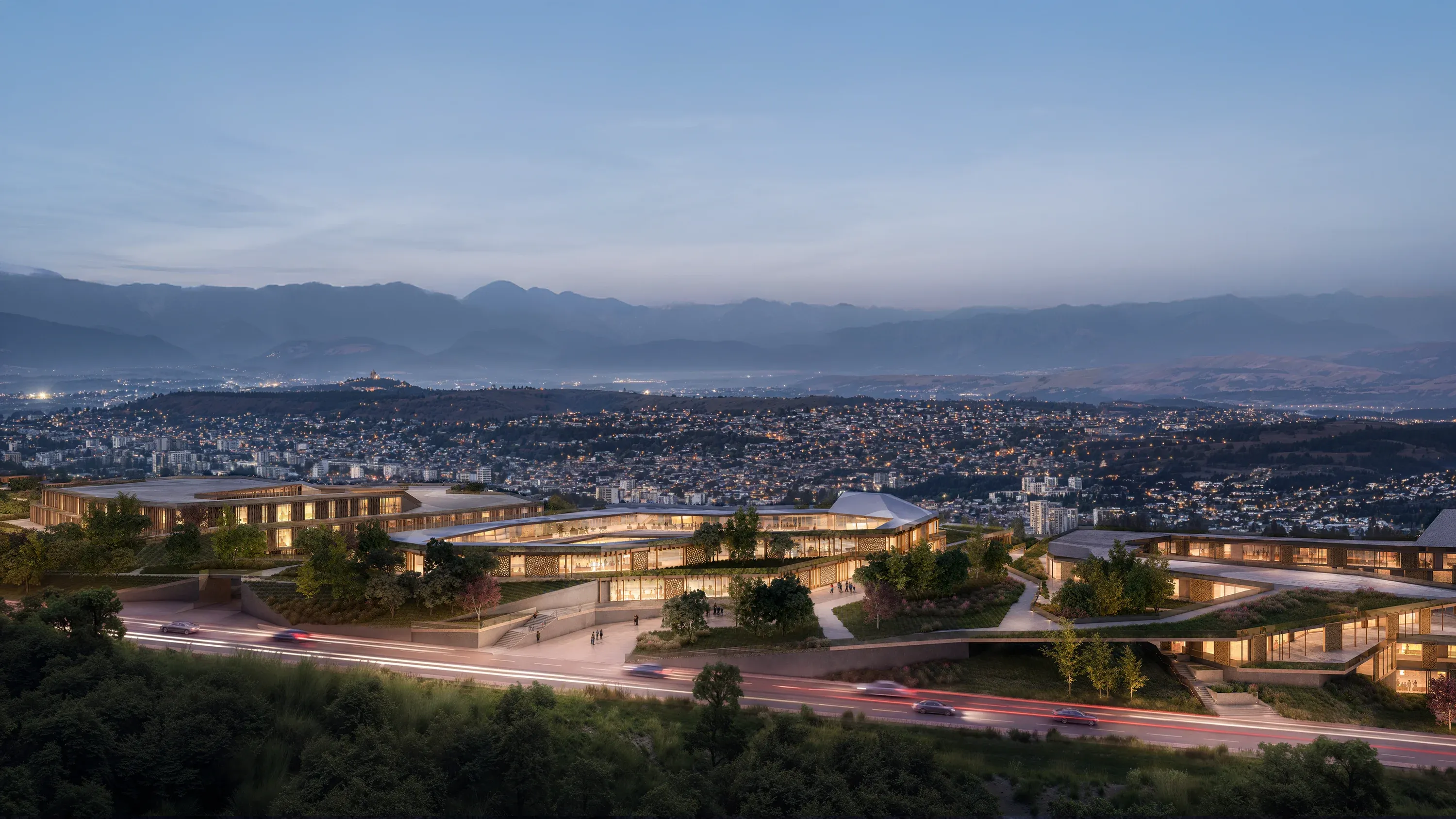 Mira Verde at dusk, its residences following the ridge above the Tbilisi valley