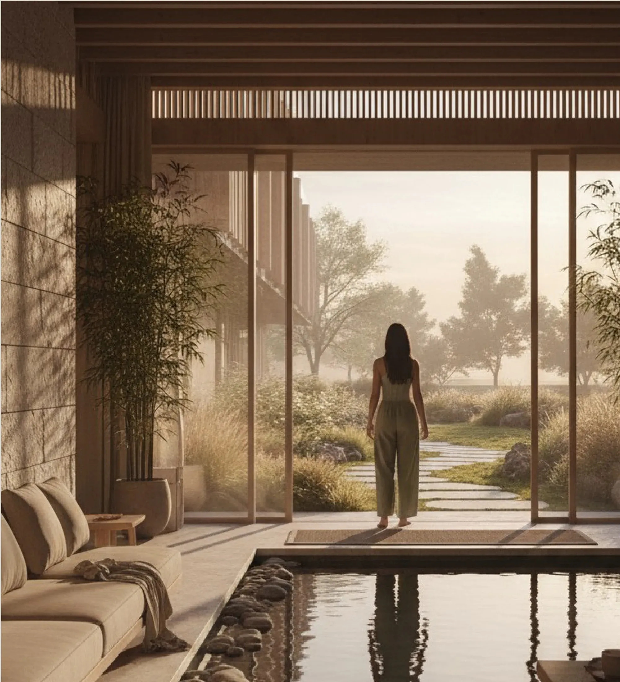 A longevity centre lounge with a reflecting pool, opening onto a garden path