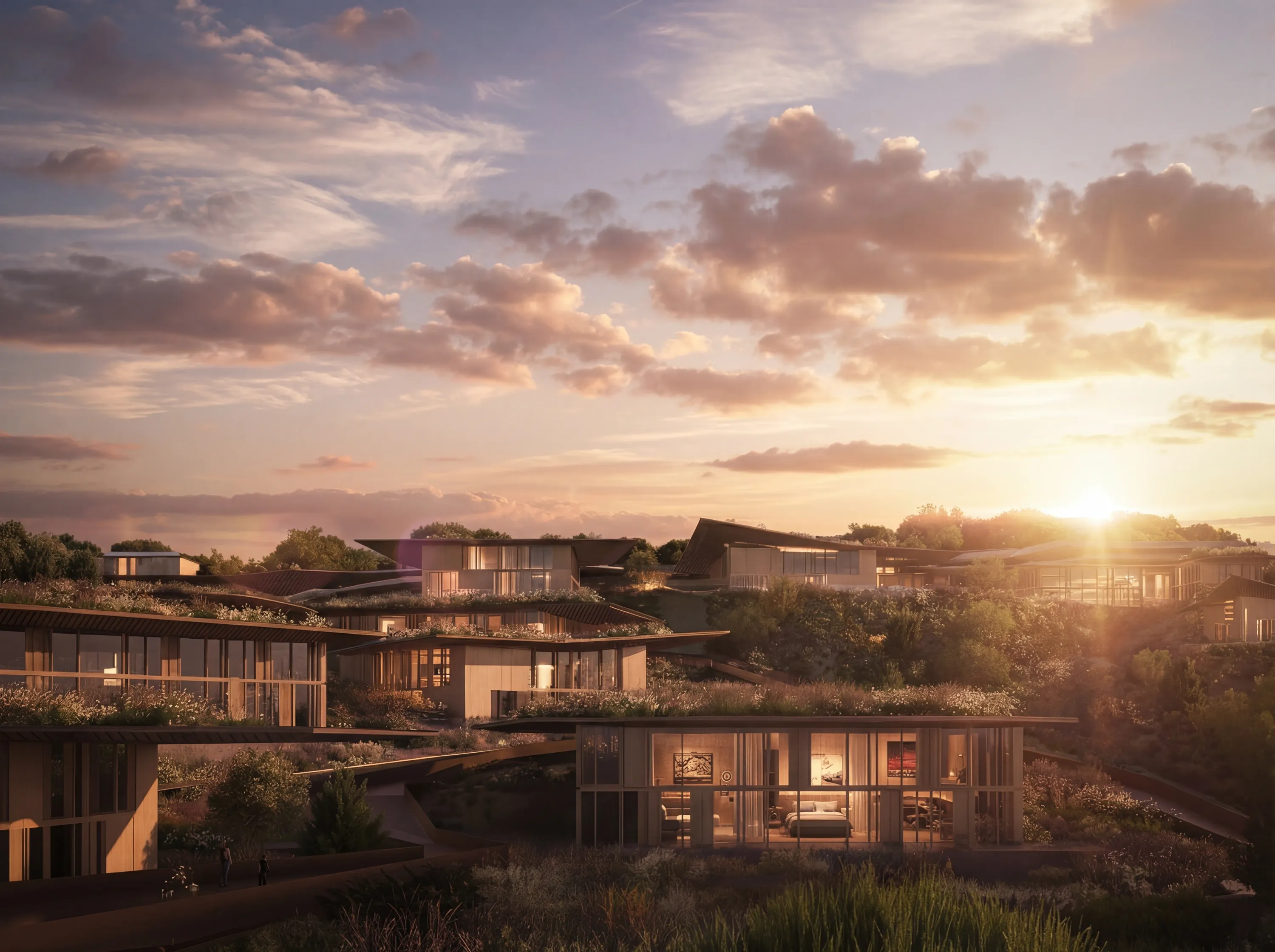 Mira Verde residences and roof terraces at sunset