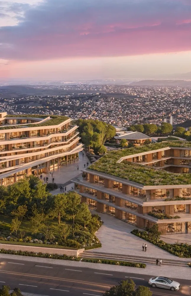 Terraced Mira Verde buildings with green roofs overlooking Tbilisi