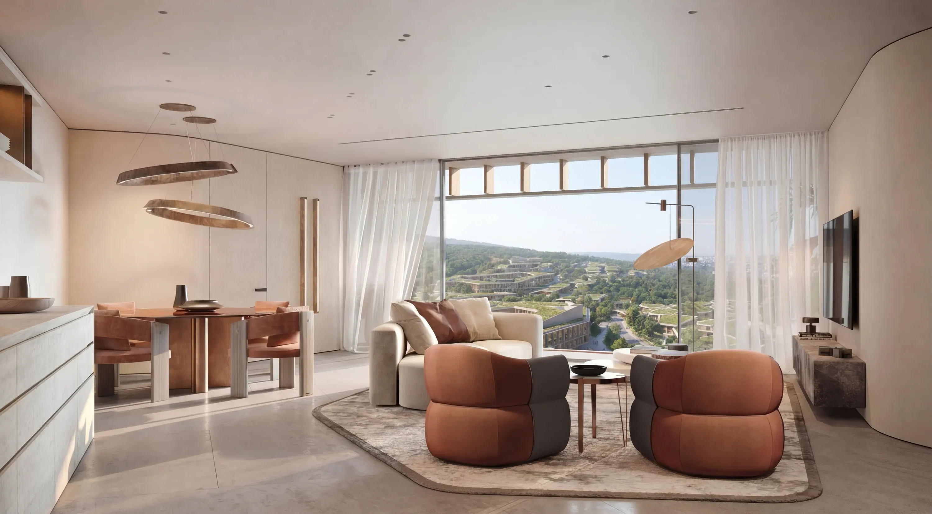 An open-plan Trussardi Casa living and dining room, fully furnished