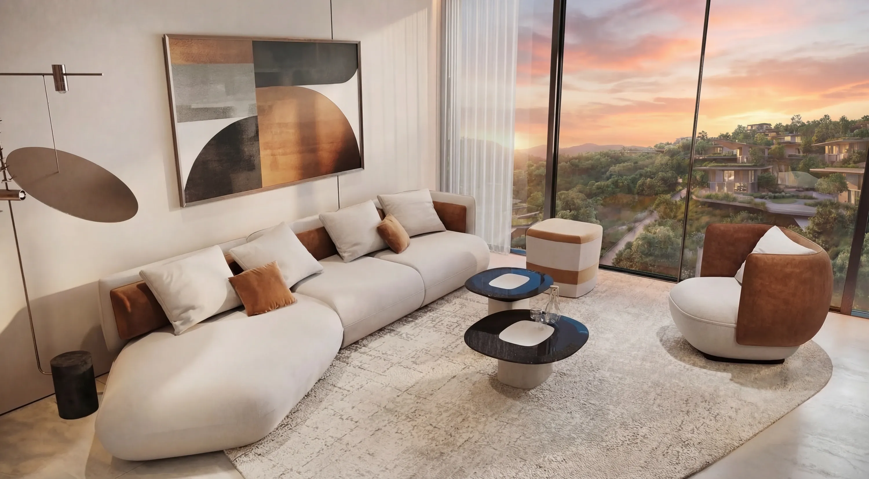 A Trussardi Casa living room with a bouclé sofa, dark column and framed artwork