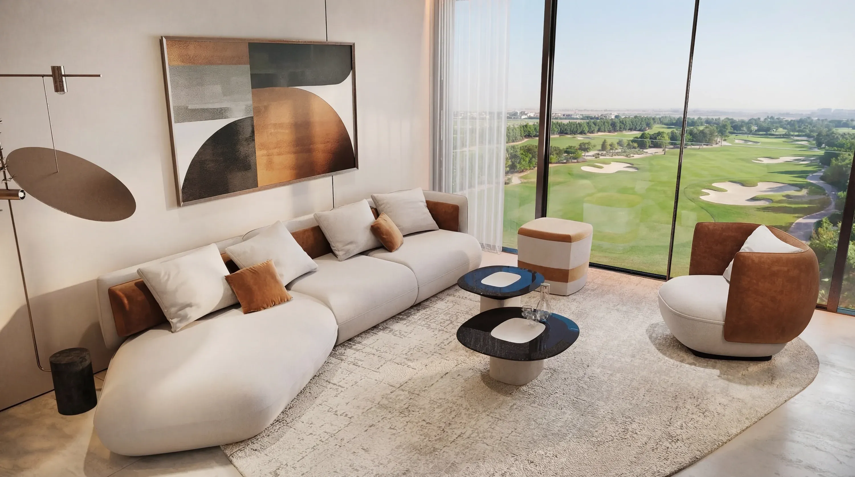 A furnished Trussardi Casa living room looking out over the golf course
