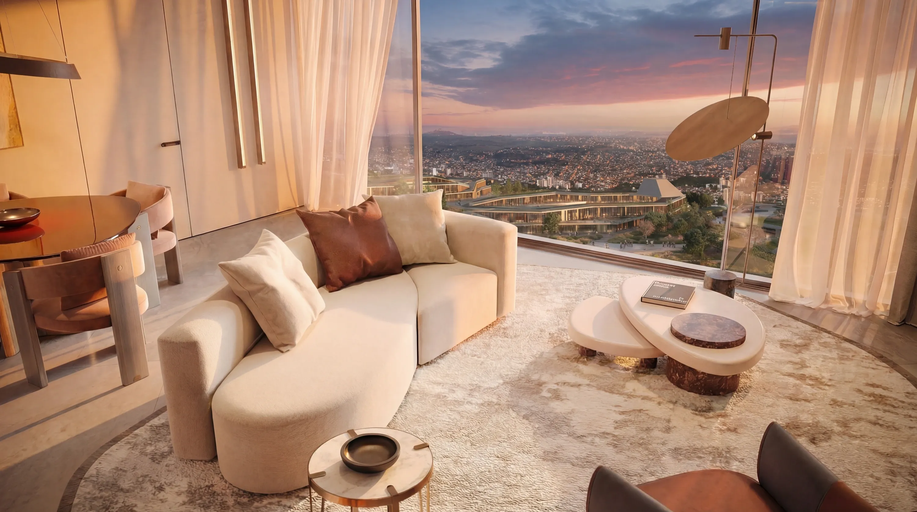 A Trussardi Casa living room with panoramic curved glazing over the hills
