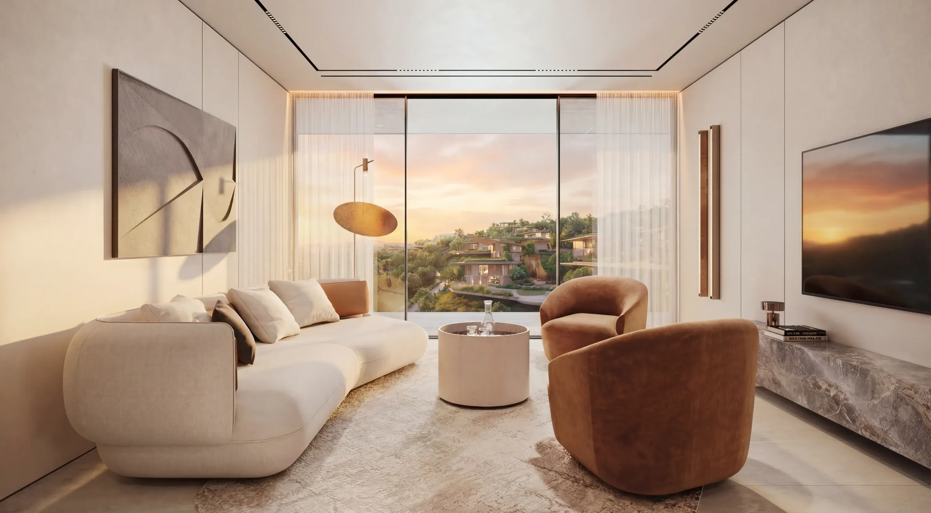 A furnished Trussardi Casa living room with hillside views at sunset