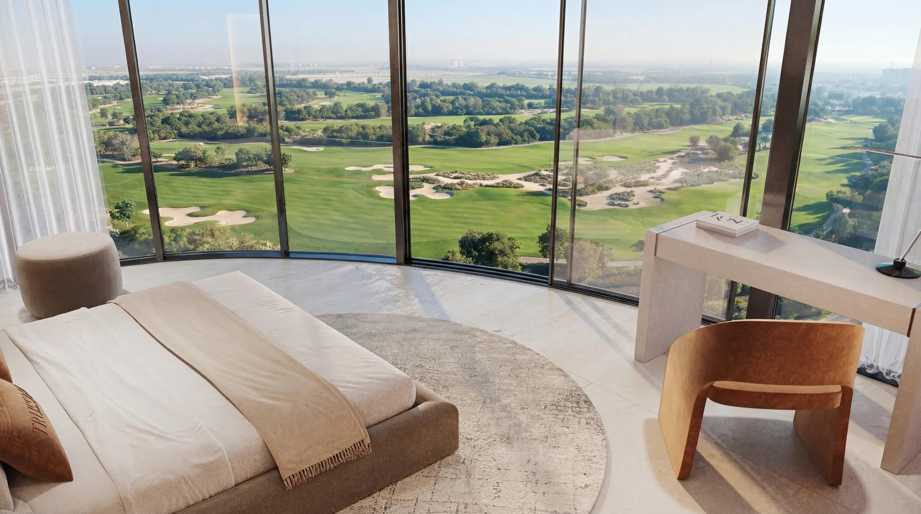 A Trussardi Residences bedroom looking out over the golf course