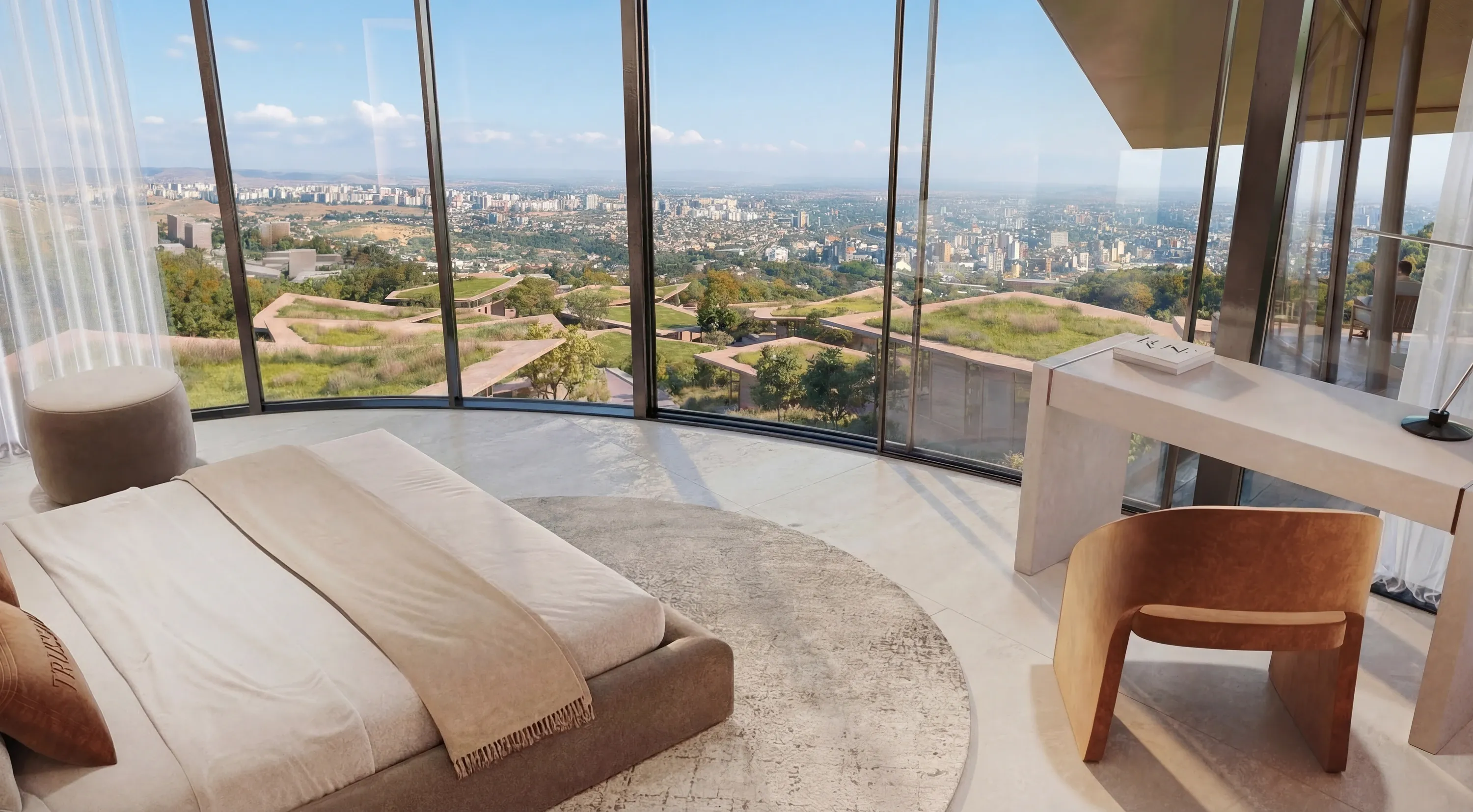 A Trussardi Residences bedroom with curved glazing overlooking Tbilisi